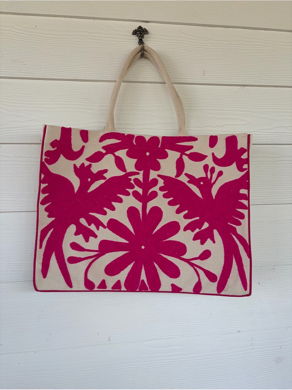 Two's Company Cream Tote with Hot Pink Bird & Floral Embroidery